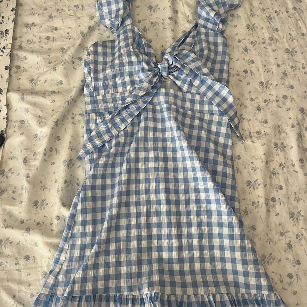Altar'd State Blue and White Ruffled Tie Front Sundress
